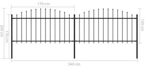 Gard de gradina cu varf sulita, negru, (1,25-1,5)x3,4 m otel 1, 125-150 cm, 3.4 m