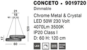Pendul LED dimabil, cristal design elegant CONCETO crom 60cm