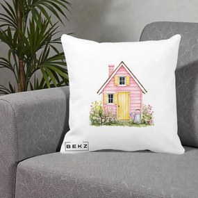 Perna Decorativa Casuta Roz Acuarela cu Gradina, 40x40 cm, Alba Mata, Husa Detasabila, Perna Inclusa, BEKZ®