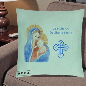 Cadou de Onomastica - Perna Personalizata Sfanta Marie Icoana Acuarela, 40x40 cm, Verde Menta, Husa Detasabila, Perna Inclusa, BEKZ®