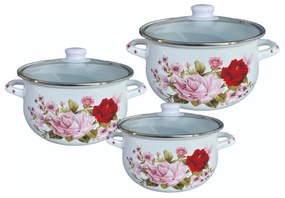 Set 3 oale cu capac din sticla Rosberg R54518E3G, 6 piese, Emailate, Inductie, Alb/Imprimeu floral