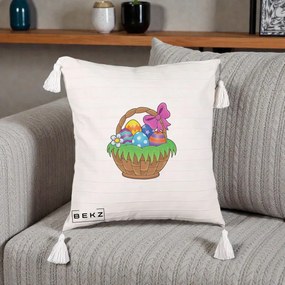 Perna Decorativa Cos cu Oua de Pasti Colorat, 40x40 cm, Bej cu Franjuri, Husa Detasabila, Perna Inclusa, BEKZ®