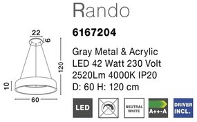 Lustra moderna suspendata LED 4000K Ã˜60cm RANDO gri NVL-6167204
