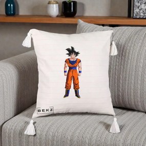 Perna Personalizata Dragon Ball Goku Complet in Gi Portocaliu, 40x40 cm, Bej cu Franjuri, Husa Detasabila, Perna Inclusa, BEKZ®