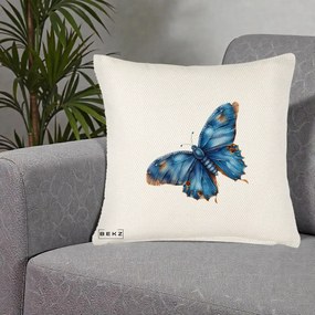 Perna Decorativa Fluture Albastru Satin cu Pete Aurii, 40x40 cm, Crem Reliefat, Husa Detasabila, Perna Inclusa, BEKZ®