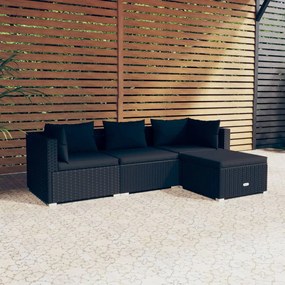 Set mobilier de gradina cu perne, 4 piese, negru, poliratan Negru, 2x colt + mijloc + suport pentru picioare, 1