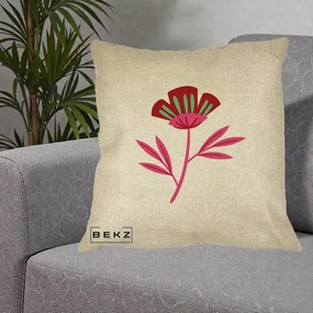 Perna Decorativa Floare Macul Roz-Rosu Grafic, 40x40 cm, Crem, Husa Detasabila, Perna Inclusa, BEKZ®