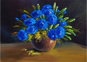 Tablou pe sticlă - Flori albastre în vază (70x50 cm)