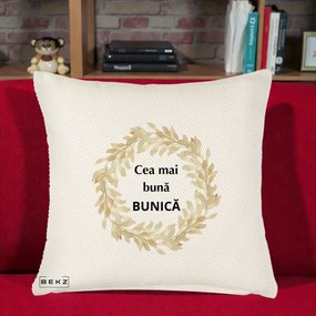 Cadou pentru Bunica - Perna Personalizata Cea Mai Buna Bunica Coronita Frunze Acuarela, 40x40 cm, Crem Reliefat, Husa Detasabila, Perna Inclusa, BEKZ®