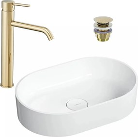 Pachet lavoar pe blat Omnires Ovo M+ alb 55 cm, baterie lavoar Rea Lungo auriu si ventil lavoar Click-Clack auriu