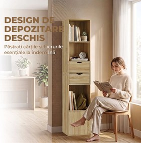 HOMCOM Bibliotecă Îngustă cu 6 Rafturi, Sertare, Ușă și Polițe Deschise, 30x24x158 cm, Stejar | Aosom Romania