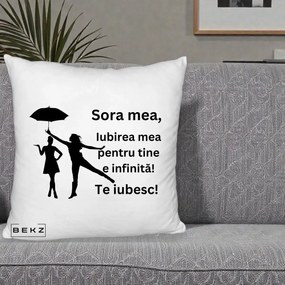 Cadou pentru Sora - Perna Personalizata Sora Mea Te Iubesc Siluete Negre cu Umbrela, 40x40 cm, Alb Pufos, Husa Detasabila, Perna Inclusa, BEKZ®
