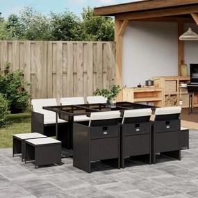 3210606 vidaXL Set mobilier de exterior cu perne, 11 piese, negru, poliratan