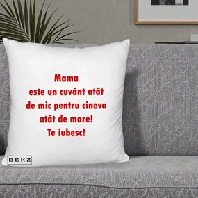 Cadou pentru Mama - Perna Personalizata Mama Cuvant Mic, 40x40 cm, Alb Pufos, Husa Detasabila, Perna Inclusa, BEKZ®