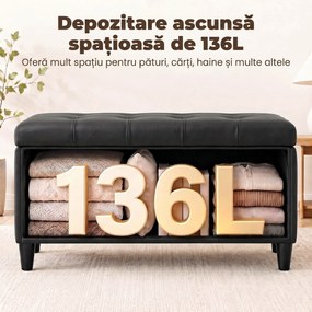 HOMCOM Bancă cu depozitare 136 L, taburet cu ladă 110x41x42 cm, piele ecologică pet-friendly, negru | Aosom Romania