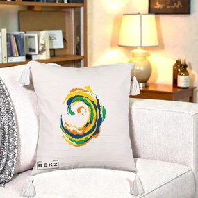 Perna Decorativa Vortex Abstract Colorat, 40x40 cm, Bej cu Franjuri, Husa Detasabila, Perna Inclusa, BEKZ®