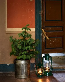 Felinar vintage verde cu petrol, din metal și sticlă, cu detalii aurii, capac de siguranță și fitil inclus, „Hurricane Lantern Green Small"