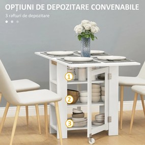 HOMCOM Masă Pliabilă Rabatabilă cu Roți, 2 Părți Rabatabile și Rafturi, 120x60x75 cm, Alb | Aosom Romania