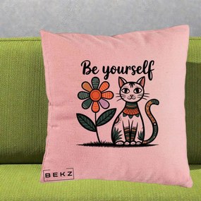 Perna Personalizata Be Yourself Pisica Folk, 40x40 cm, Roz, Husa Detasabila, Perna Inclusa, BEKZ®