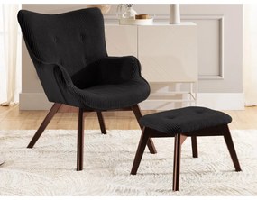 Fotoliu cu taburet negru cu tapițerie din catifea reiată Niko – Ropez