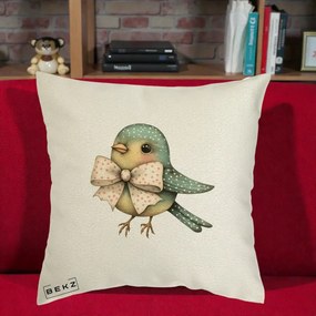 Perna Decorativa Pasare Teal cu Fundita cu Buline, 40x40 cm, Ecru, Husa Detasabila, Perna Inclusa, BEKZ®