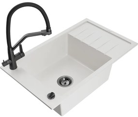 Mexen Elias chiuvetă de granit cu un compartiment, cu picurător și baterie de bucătărie Duo, Albă - 6511-20-671701-70-B