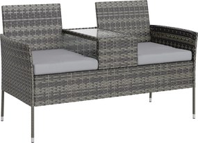 Outsunny Bancă de Grădină cu 2 Locuri din Rattan și Oțel, Bancă de Exterior cu Perne și Măsuță Centrală cu Blat din Sticlă Securizată, 135x64x81 cm, Gri Închis | Aosom Romania