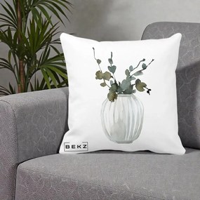 Perna Decorativa Vaza cu Eucalipt Watercolor, 40x40 cm, Alba Mata, Husa Detasabila, Perna Inclusa, BEKZ®