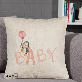Perna Personalizata Baby Pinguin Roz, 40x40 cm, Bej Canapea, Husa Detasabila, Perna Inclusa, BEKZ®