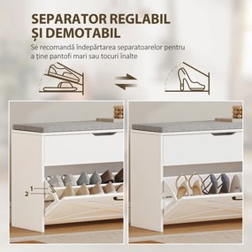 HOMCOM Bancă Pantofar de Intrare, Pantofar cu Săriță Capitonată Lavabilă, Antă Rabatabilă, Compartiment cu Închidere Lentă, Rafturi Reglabile, pentru 8 Perechi de Pantofi, Hol Coridor Cameră, Alb | Aosom Romania