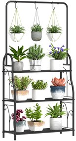 Outsunny Etagere à fleurs 3 niveaux suport de plante pentru interior și exterior din metal 3 cârlige 75 x 25 x 137 cm negru | Aosom Romania