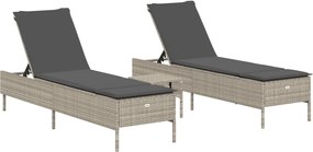 vidaXL Set de șezlonguri, 3 piese, cu pernă, poliratan gri deschis