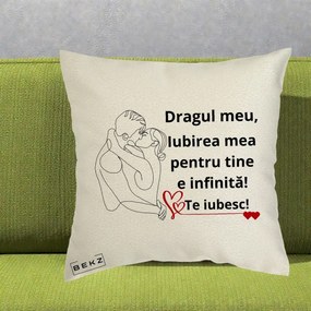 Cadou pentru Iubit - Perna Personalizata Dragul Meu Iubirea Mea pentru Tine e Infinita Te Iubesc, 40x40 cm, Ecru, Husa Detasabila, Perna Inclusa, BEKZ®