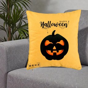 Perna Decorativa Happy Halloween Dovleac Negru cu Paianjen, 40x40 cm, Galben, Husa Detasabila, Perna Inclusa, BEKZ®