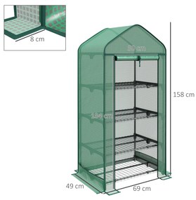 Outsunny Seră de Grădină în 4 Niveluri cu Ușă Rulantă, Seră Mica din Metal & PE, 69x49x158 cm, Verde Închis