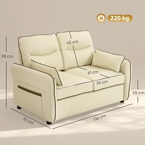 HOMCOM Divan 2 Locuri Imbottit din Piele Sintetică cu Bord Contrastant, Divan Living cu Perne Groase, 2 Perne Detasabile și Lavabile, Brațe și Buzunare Laterale, 136x81x90 cm, Bej | Aosom Romania