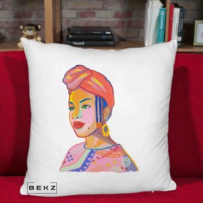 Perna Decorativa Portret Femeie Africana, 40x40 cm, Alb Pufos, Husa Detasabila, Perna Inclusa, BEKZ®