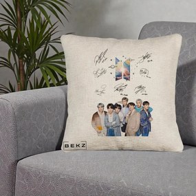 Perna Personalizata K-pop BTS Autografe Toti Membrii Fotografie, 40x40 cm, Bej Canapea, Husa Detasabila, Perna Inclusa, BEKZ®
