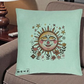 Perna Decorativa Soare Retro Boho Floral, 40x40 cm, Verde Menta, Husa Detasabila, Perna Inclusa, BEKZ®
