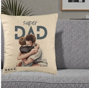 Cadou pentru Tata - Perna Personalizata Super Dad Tata si Fiu Imbratisare, 40x40 cm, Bej, Husa Detasabila, Perna Inclusa, BEKZ®