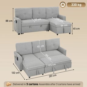 HOMCOM Canapea extensibilă 3 locuri cu șezlong convertibil, spațiu de depozitare, 3 perne, material cu efect de in, gri | Aosom Romania