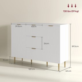 HOMCOM Dulap de Depozitare pentru Bucatarie cu 3 Sertare, Rafturi Reglabile și Picioare Metalice, 120x40x89,5 cm, Alb | Aosom Romania