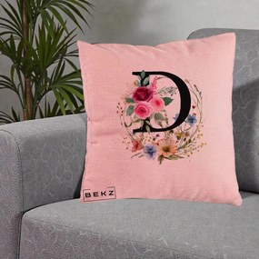 Cadou Personalizat - Perna Personalizata Monogram Litera D cu Flori Acuarela, 40x40 cm, Roz, Husa Detasabila, Perna Inclusa, BEKZ®