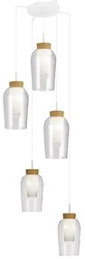 Lustra cu 5 pendule design modern Nora alb/ lemn