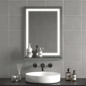 Kleankin Oglindă de Baie cu Lumini LED în 3 Culori Reglabile și Raft din Sticlă, 50x12x70 cm, Argintiu | Aosom Romania