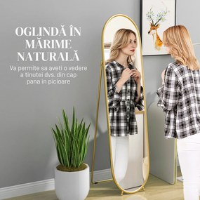 HOMCOM Oglindă Înaltă cu Cadru de Susținere, Oglindă Ovală pentru Dormitor sau Living, 40x4x160 cm, Auriu