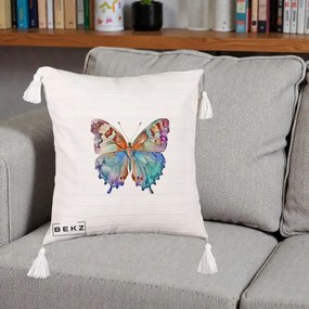 Perna Decorativa Fluture Acuarela Multicolor Portocaliu-Bleu-Mov, 40x40 cm, Bej cu Franjuri, Husa Detasabila, Perna Inclusa, BEKZ®
