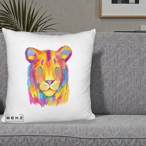 Perna Decorativa Leu Acuarela Curcubeu, 40x40 cm, Alb Pufos, Husa Detasabila, Perna Inclusa, BEKZ®