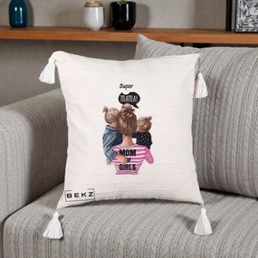Cadou pentru Mama - Perna Personalizata Super Mama Mom of Girls, 40x40 cm, Bej cu Franjuri, Husa Detasabila, Perna Inclusa, BEKZ®