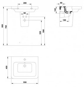 Lavoar suspendat alb 55 cm, dreptunghiular, Gala Street Square 550x450 mm